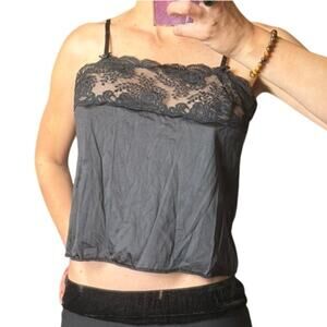 Vintage 90s Black Nylon Lace Camisole – Lingerie Core Slip Top (S/M)